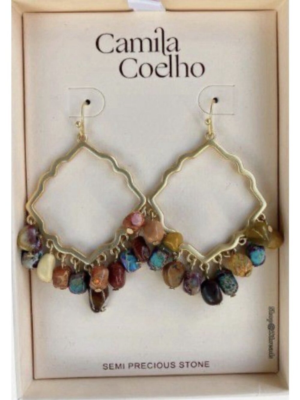 Camila Coelho Semi Precious Stone Drop Earrings Gold Boho Moroccan Quatrefoil